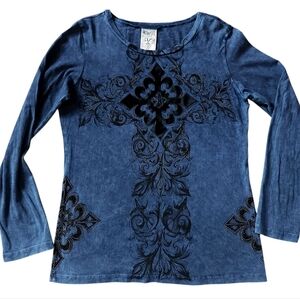 2000s Vocal Blue Embellished Bling Velvet Biker Top Sz L